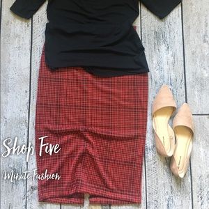High waist red&black plaid pencil skirt